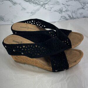 Minnetonka Lainey Women Sz 7 Comfort Suede Leather Strappy Slide Wedge Black